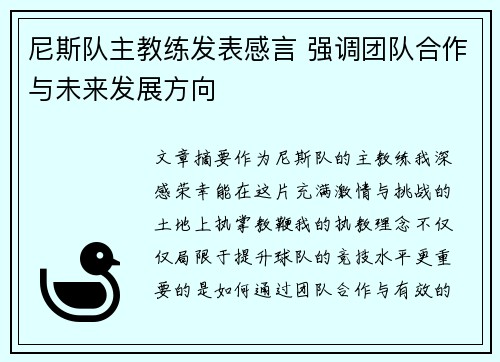 尼斯队主教练发表感言 强调团队合作与未来发展方向