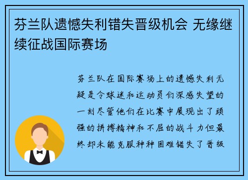芬兰队遗憾失利错失晋级机会 无缘继续征战国际赛场